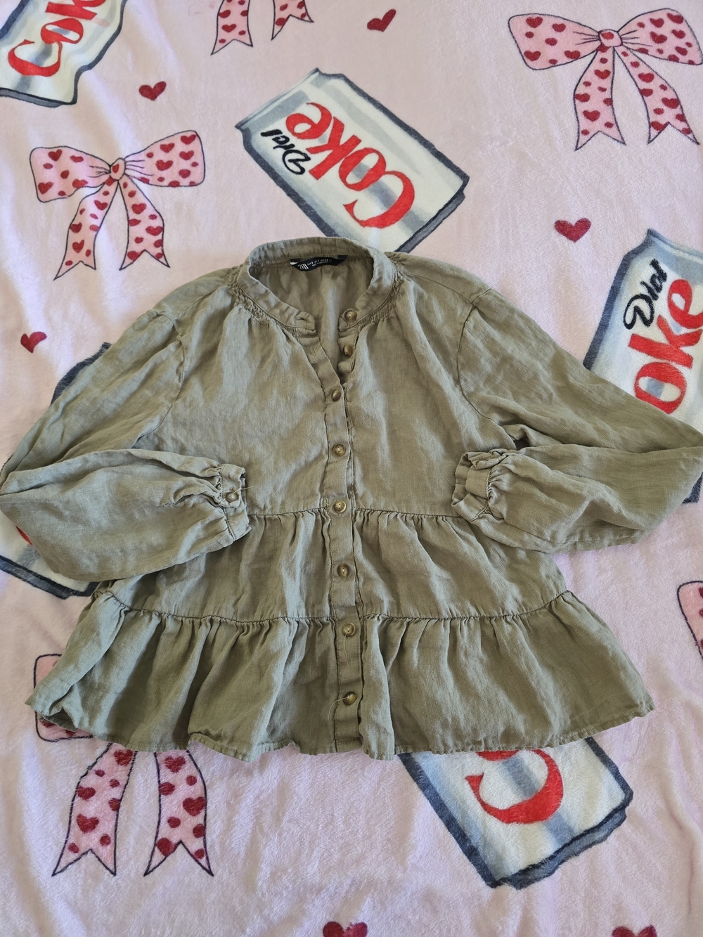 Zara Olive Green Tiered Button-Front Blouse